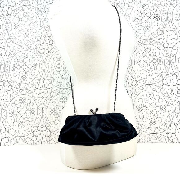Jessica McClintock Black Satin Purse Chain‎ Rhineston Kiss Lock Clutch Bag - Picture 1 of 9